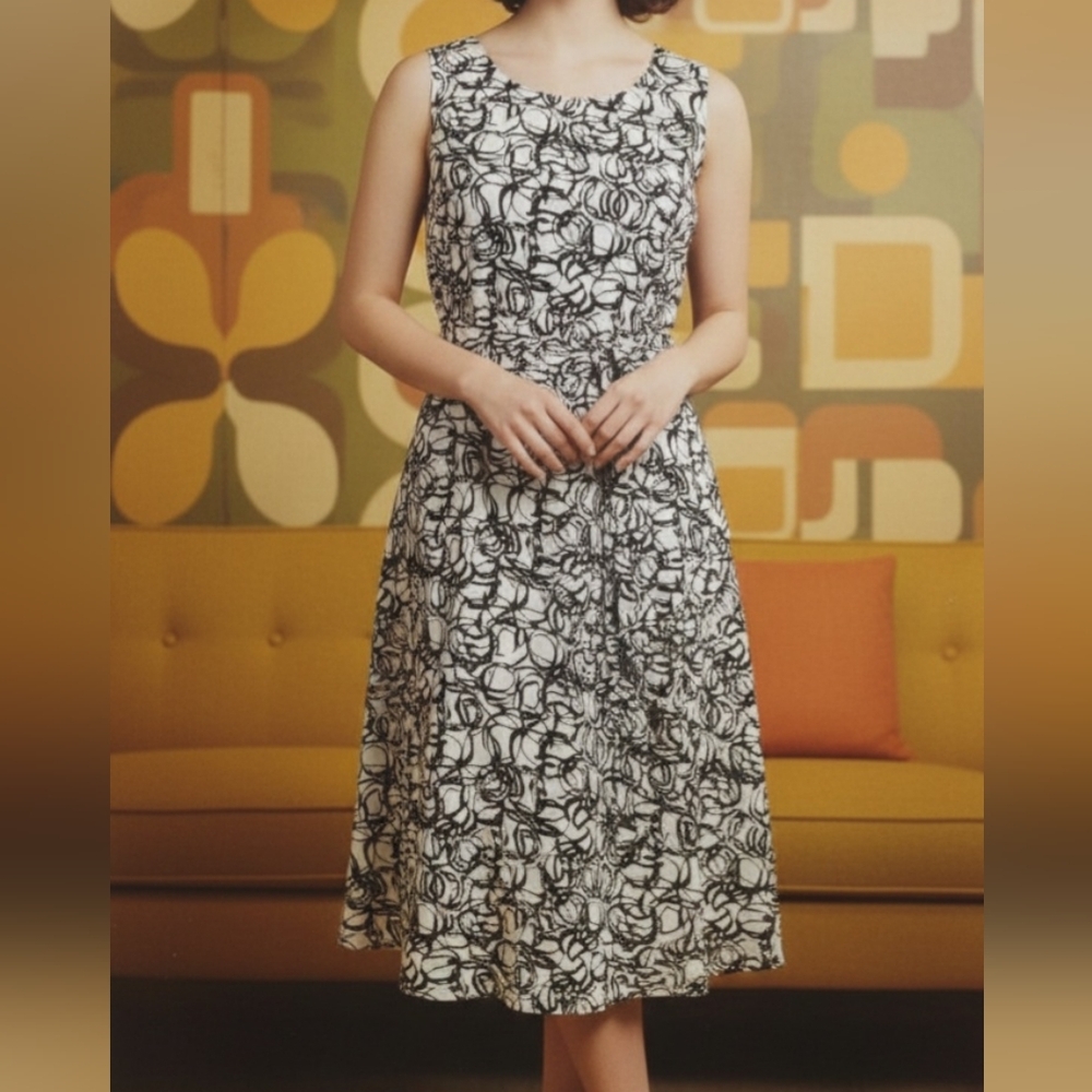 LINEA DOMANI🤍Elegant Monochrome Floral Midi Dress with LACE HEM UNDERLAY Sz 12